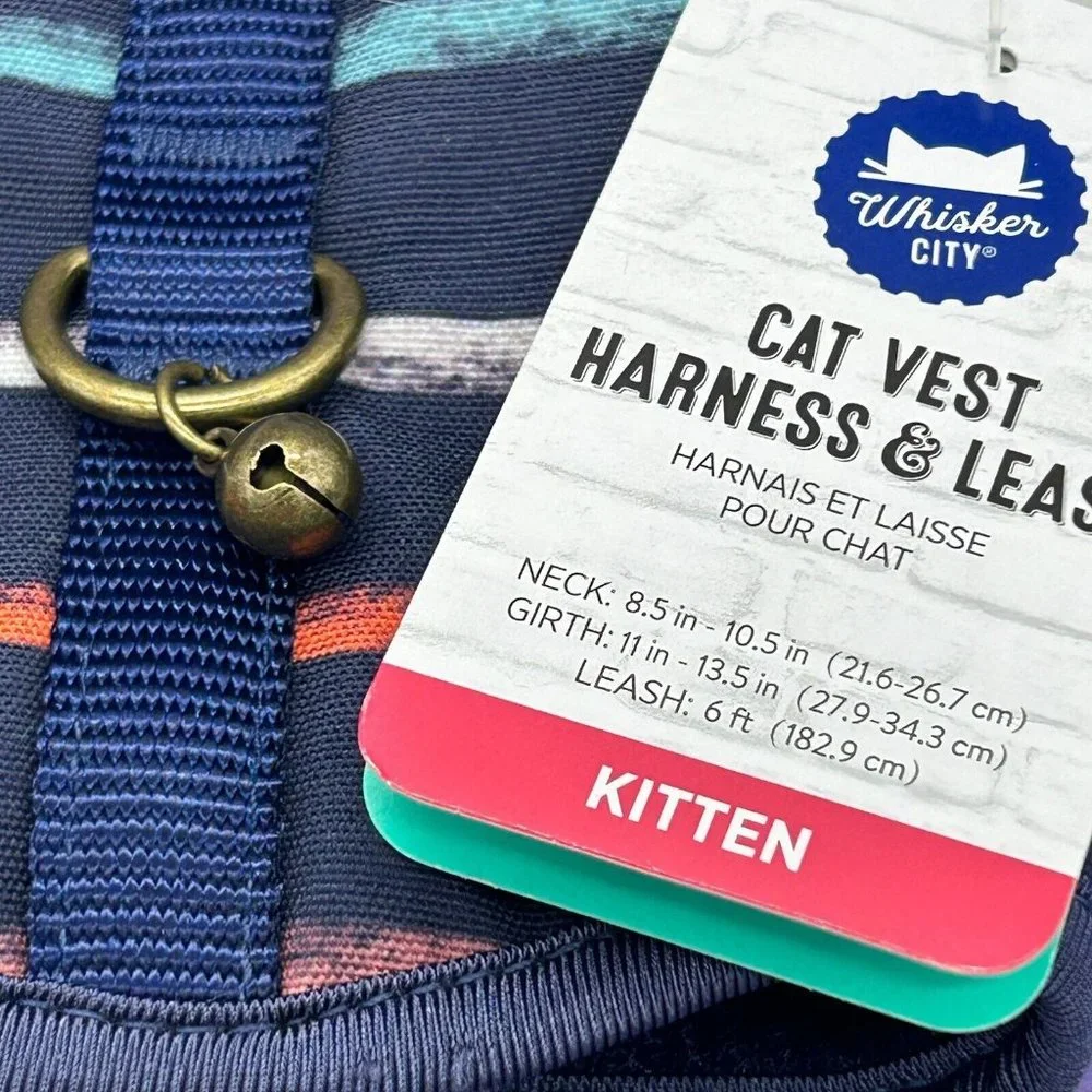 NWT Whisker City Cat Vest Harness & Leash - Navy Blue w/ Stripes - Size Kitten